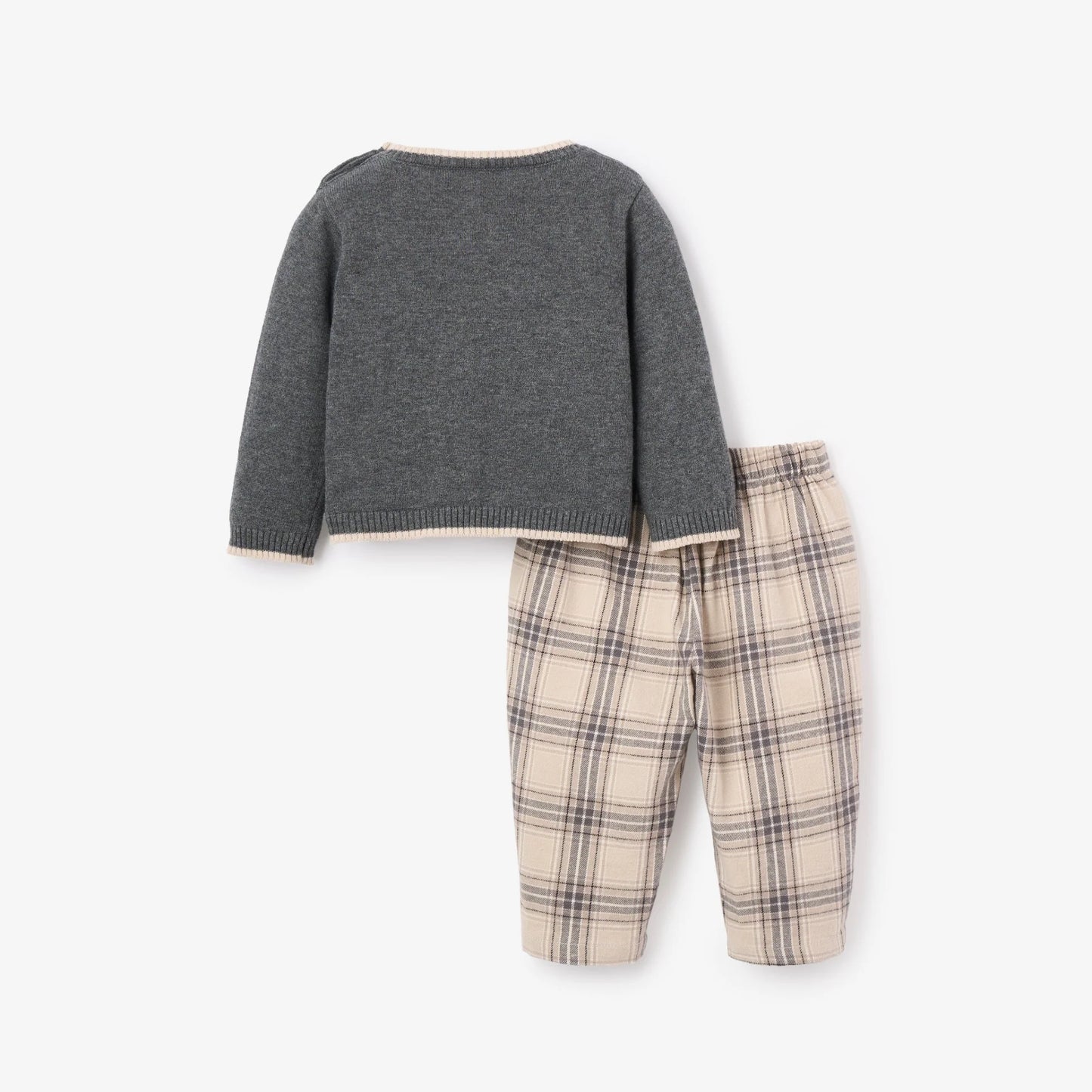 Gray sweater and plaid pants set on a white background