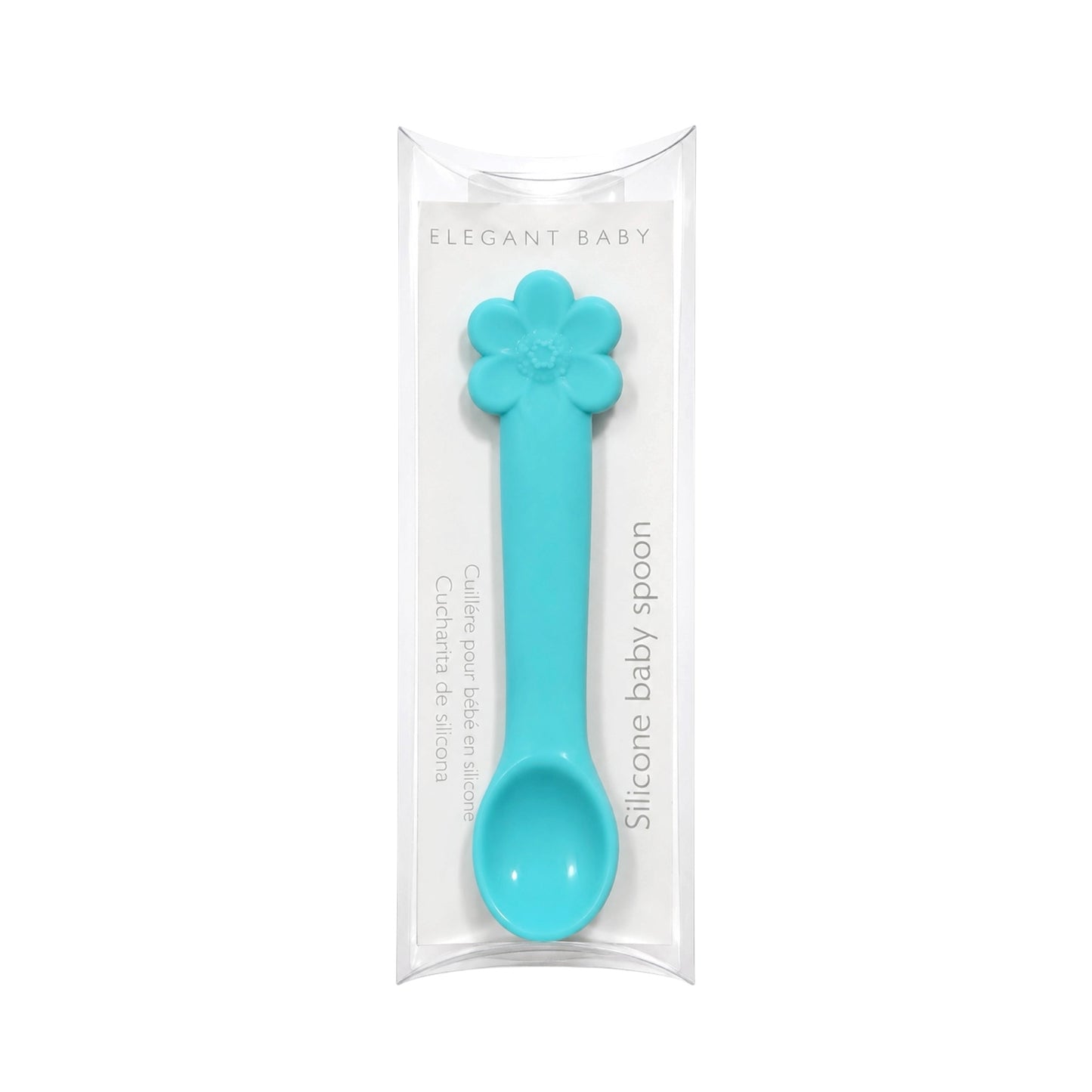 Elegant Baby turquoise flower baby feeding spoon with star detail in elegant clear packaging