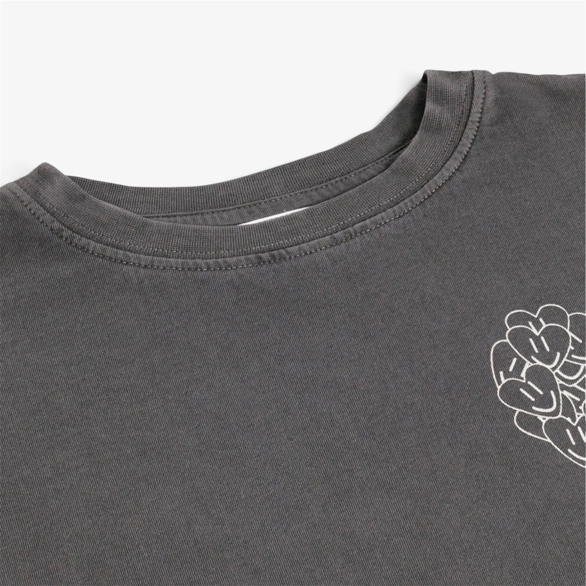Close-up of gray girls’ organic cotton T-shirt with ribbed neckline and heart detail pictured on white background