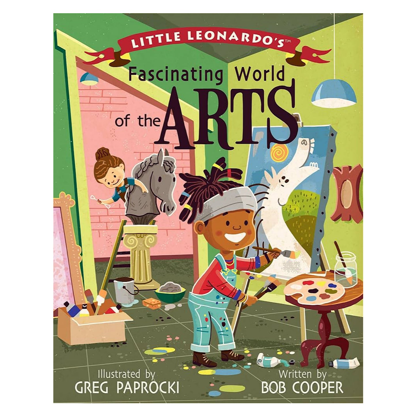 Cover of 'Little Leonardo's Fascinating World of the Arts' book featuring colorful illustrations of children engaging with various art materials and tools.