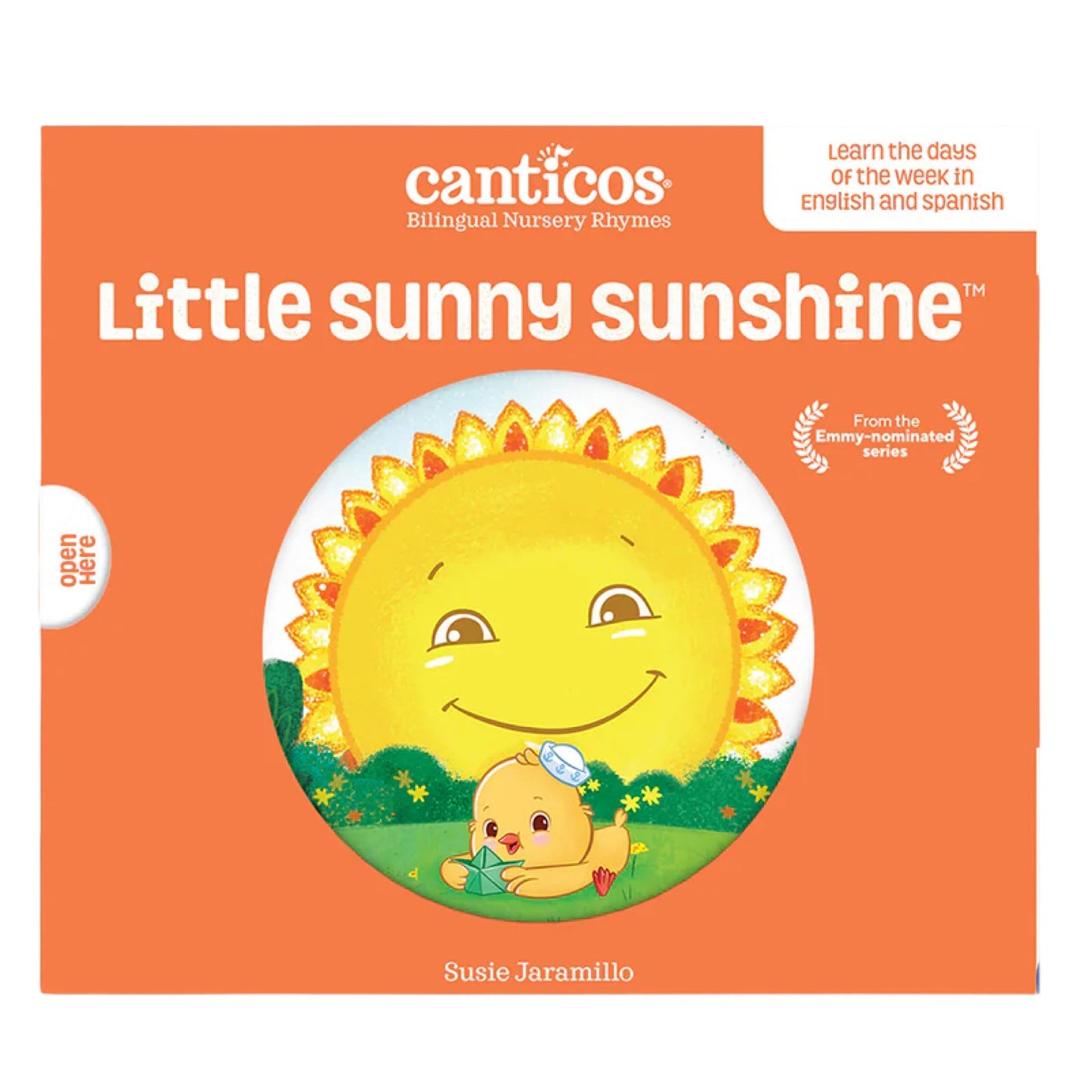 Little Sunny Sunshine English-Spanish accordion board book with orange cover and illustrated sun