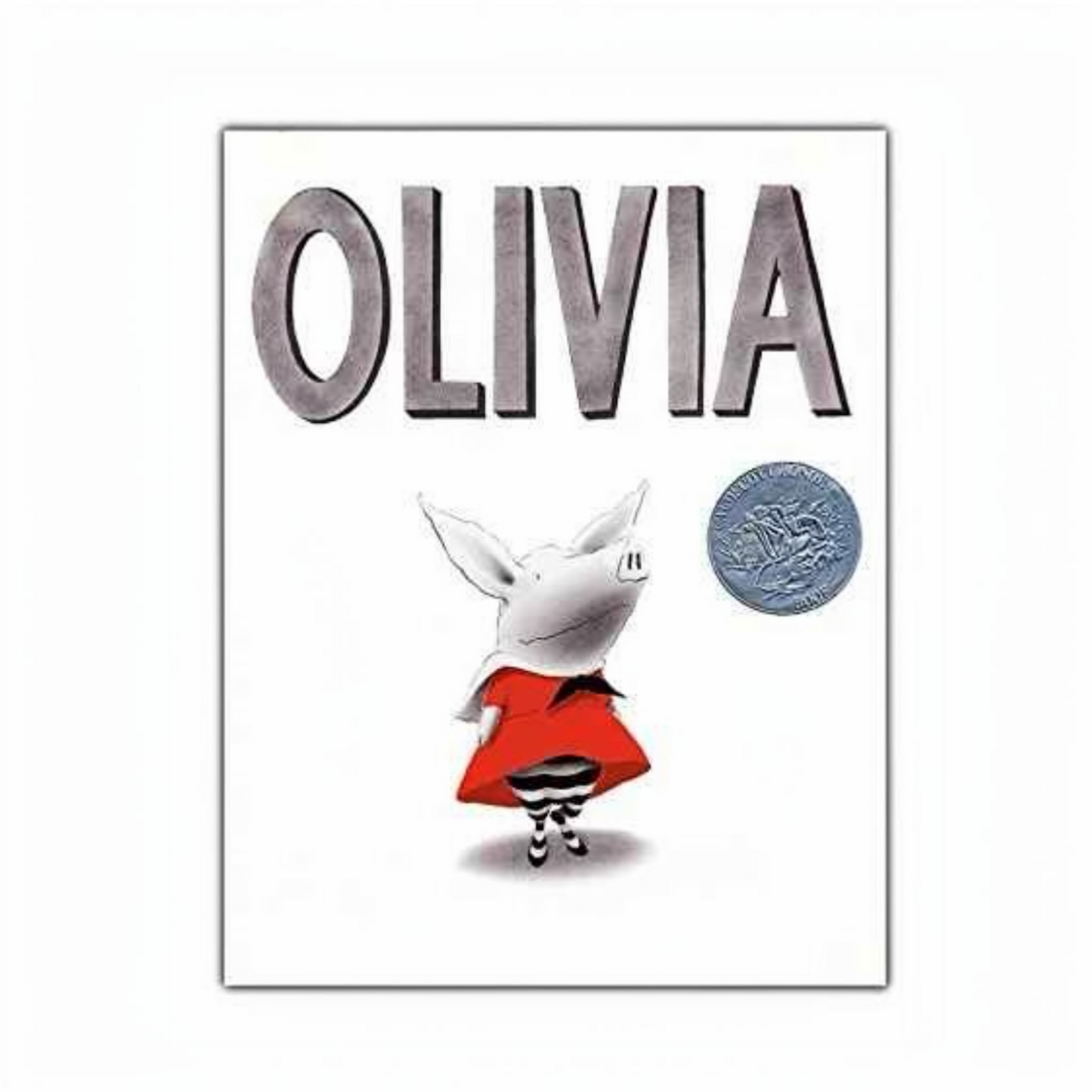 The front cover of the children's book 'Olivia' by Julia Donaldson and Axel Scheel, featuring a white pig in a red dress on a white background with the title in large gray letters.