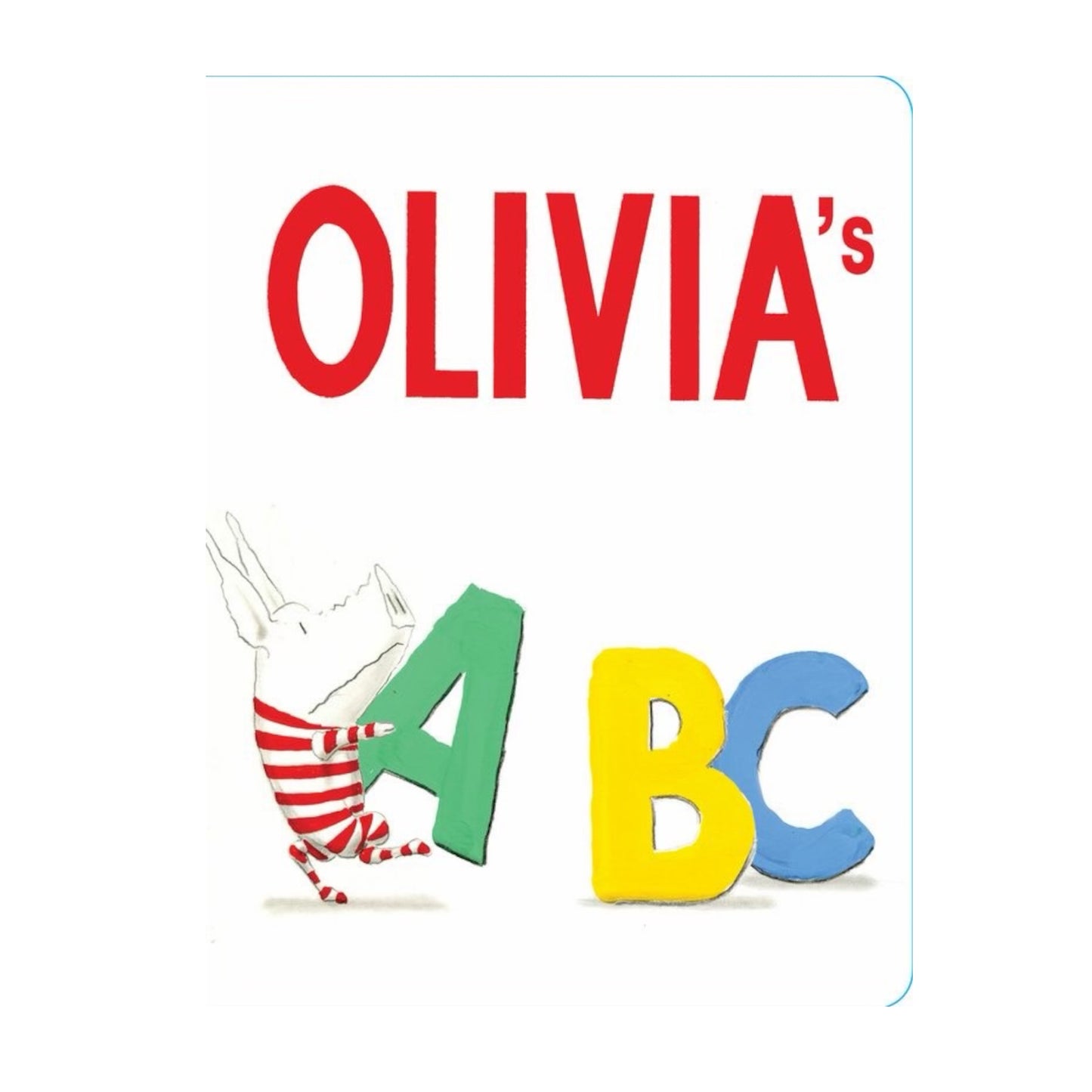 A children's book cover featuring the title 'OLIVIA's' in large red letters at the top, with a white rabbit in red-and-white striped clothing holding a green letter A next to yellow letter B and blue letter C on a white background.