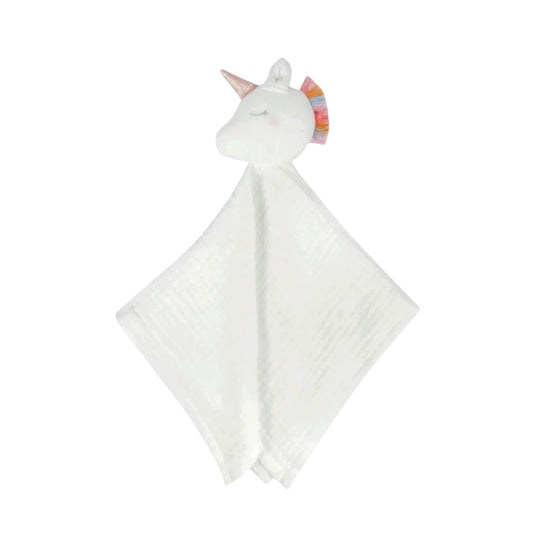 Organic Unicorn Pink Cuddle Toy made from soft organic cotton muslin with gold horn and rainbow mane security blanket lovey