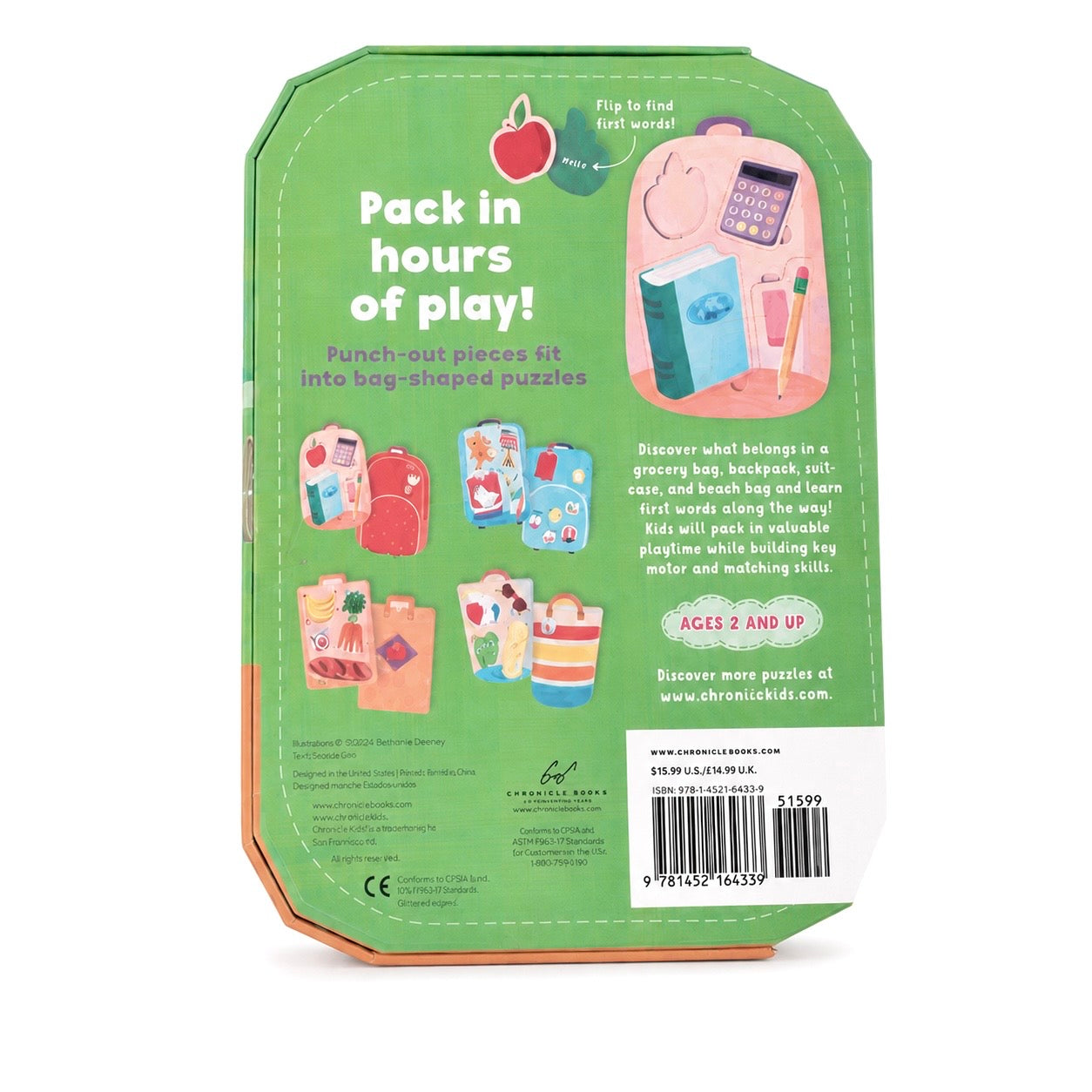 The back of a green Chroma Kids 'Pack in hours of play!' bag-clipping activity kit box, showing product details, age suitability, and a barcode on a white background.