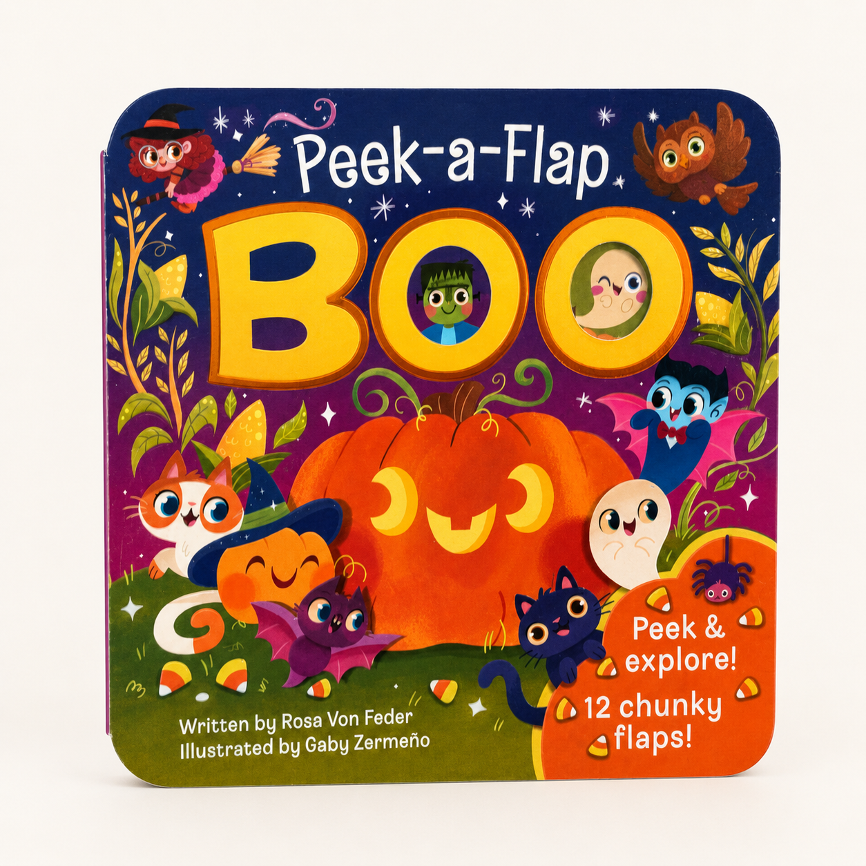 Peek-a-Flap BOO children's board book with a colorful Halloween-themed cover featuring a large jack-o'-lantern, cats, a bat, a spider, and playful lettering on a white background.