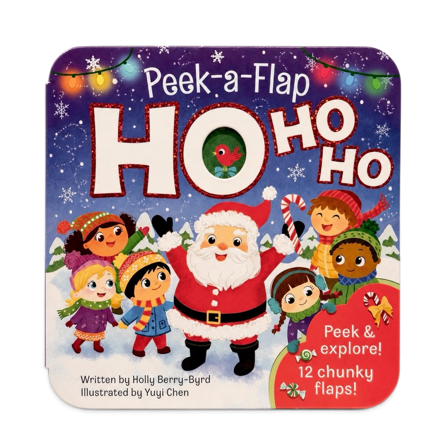 Peek-a-Flap HO HO HO children's board book with colorful illustrated cover showing Santa Claus and children in winter clothing, plus text noting 12 chunky flaps.