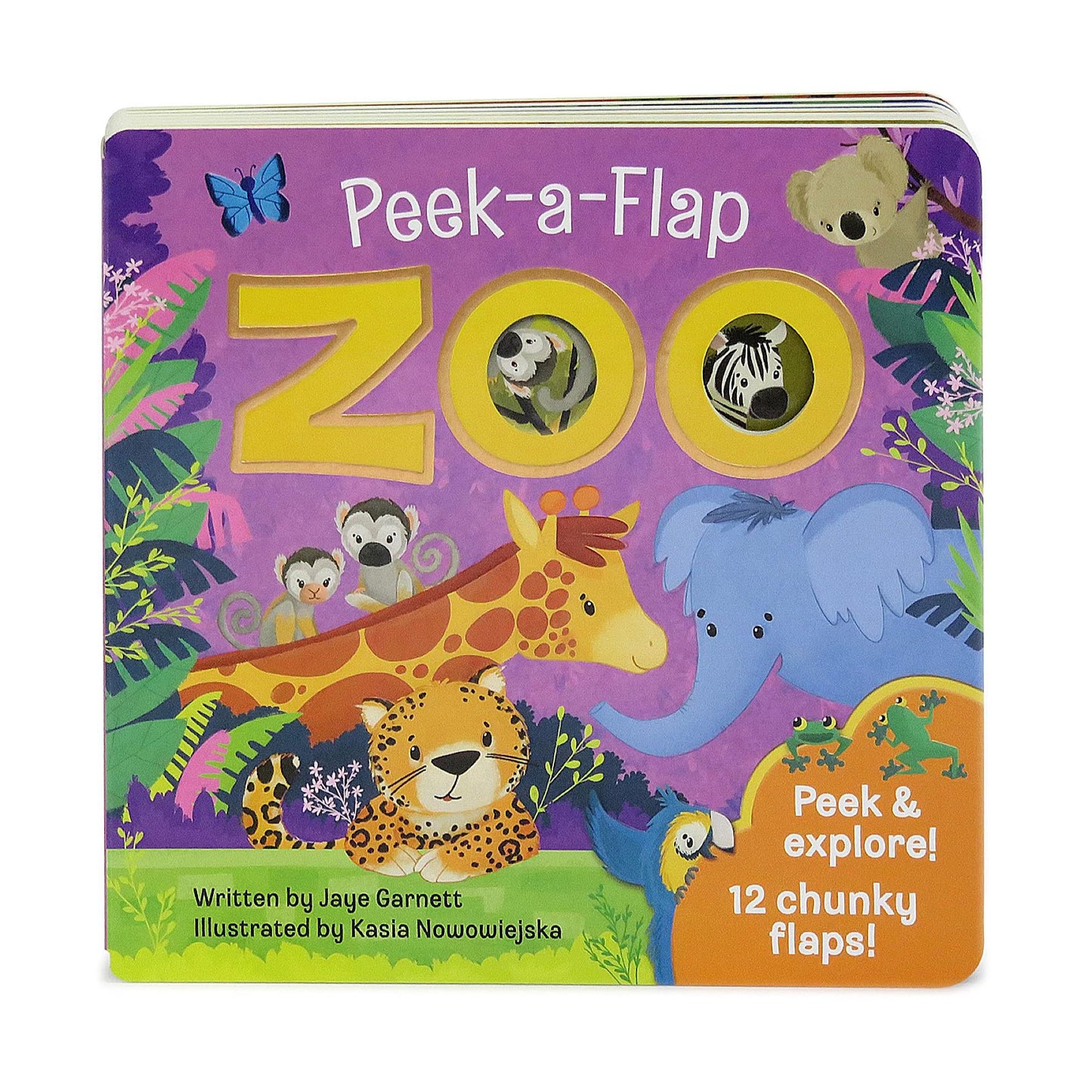 A board book titled 'Peek-a-Flap ZOO!' with colorful illustrations of animals and a 'peek and explore' flap on the cover.