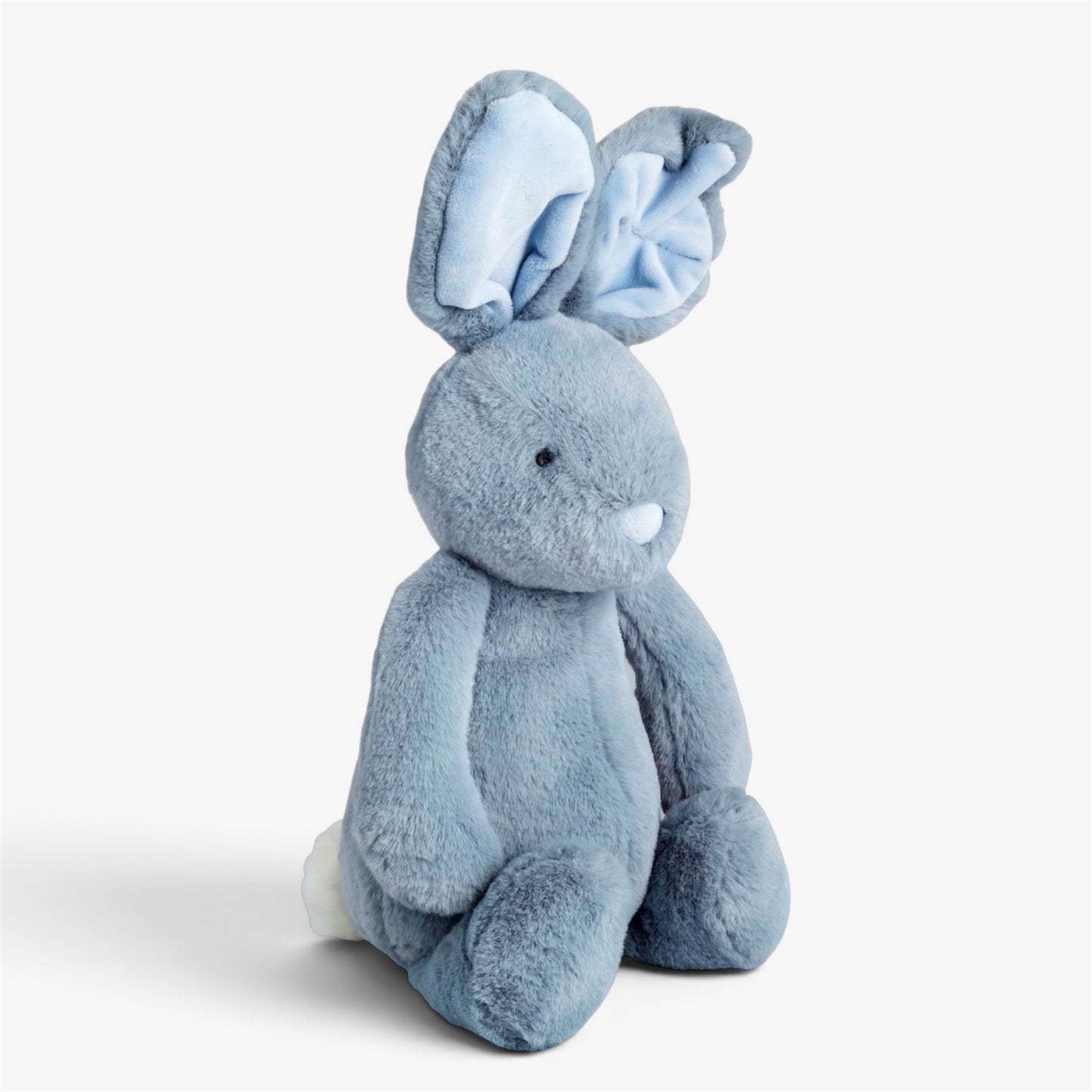 Sky-blue plush bunny rabbit stuffed animal with oversized floppy ears, sitting against a white background.