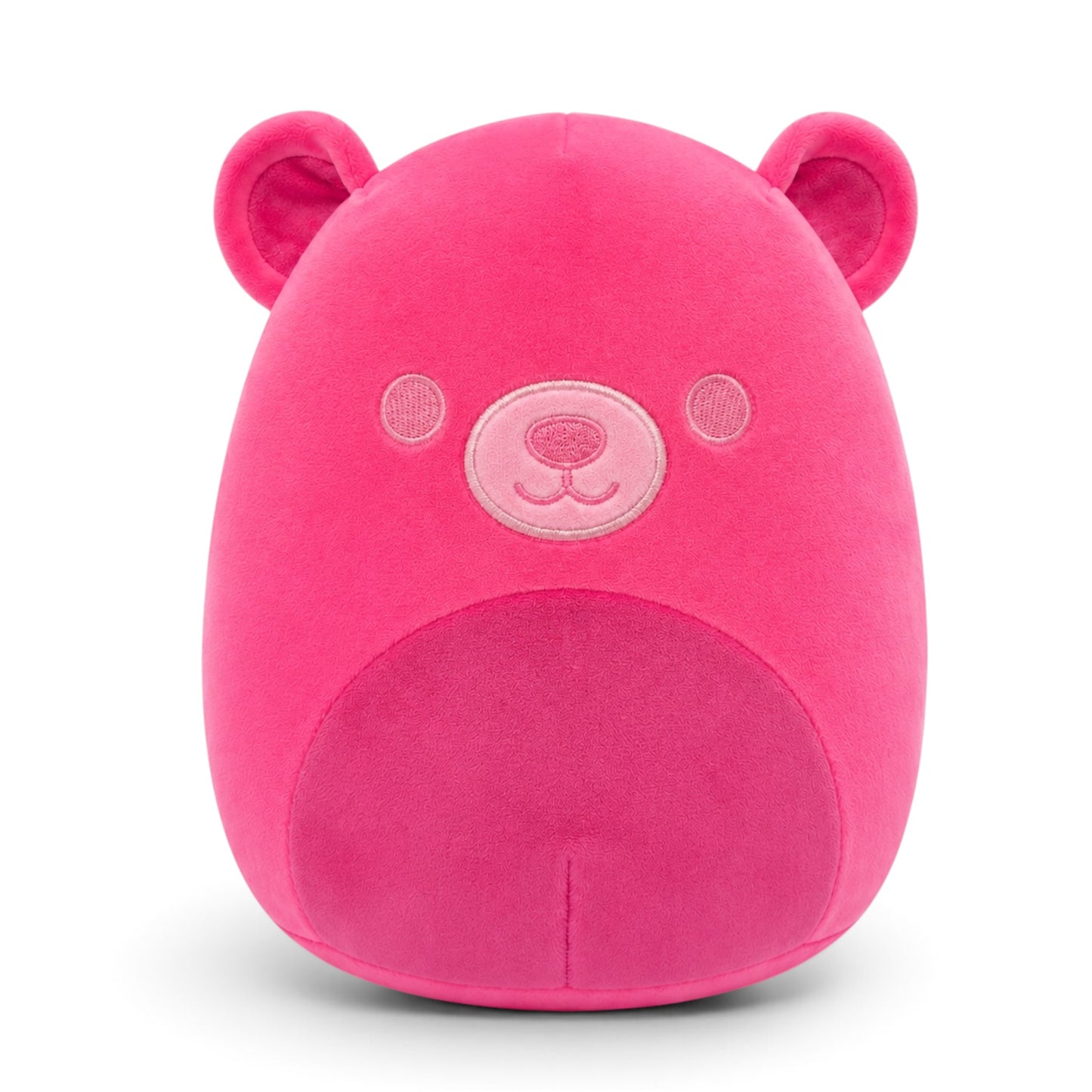 A bright pink plush bear head toy with embroidered facial features, photographed against a clean white background.