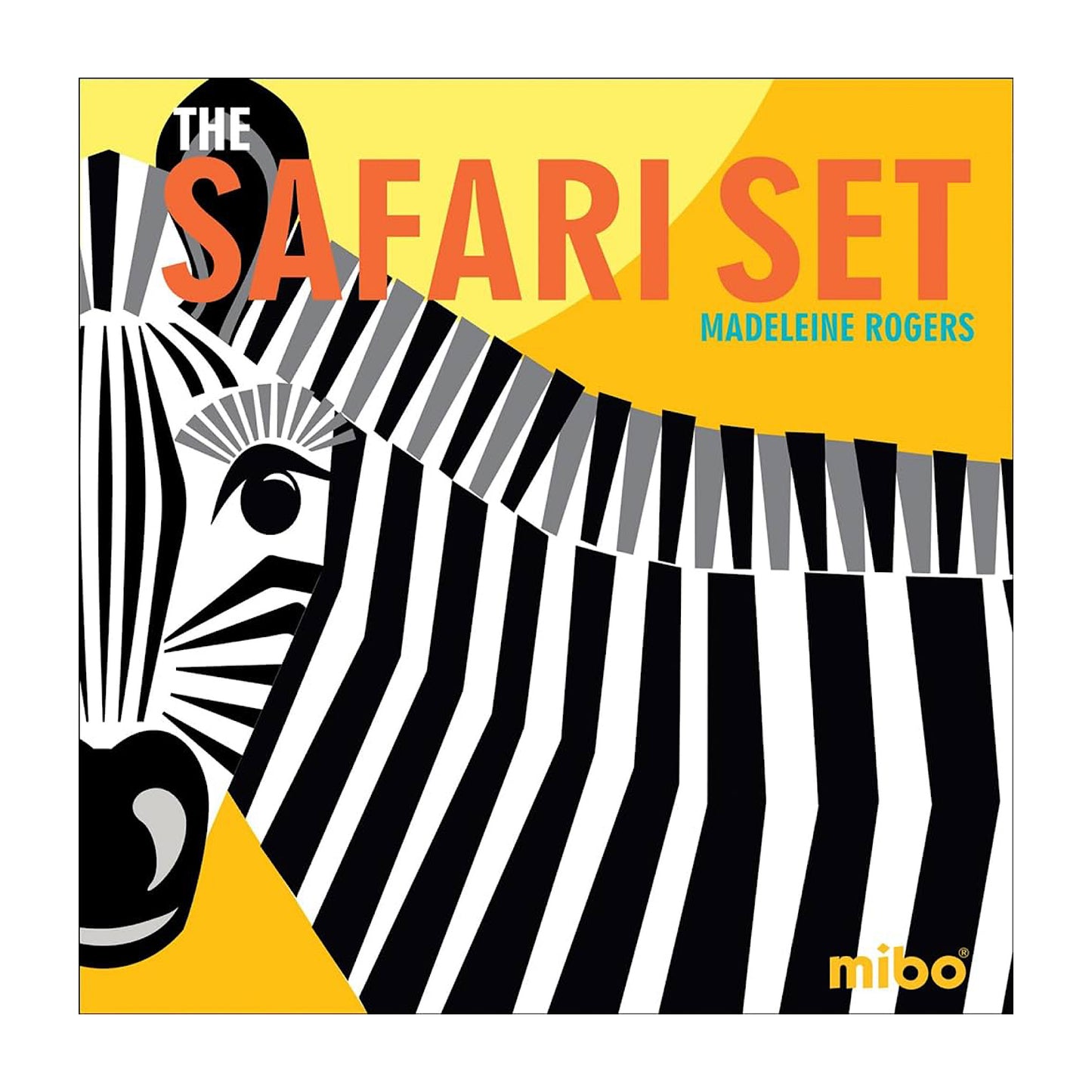 Cover of 'The Safari Set' board book featuring illustrations of a giraffe, zebra, lion, elephant, and hippo with a yellow background and black and white stripes design.