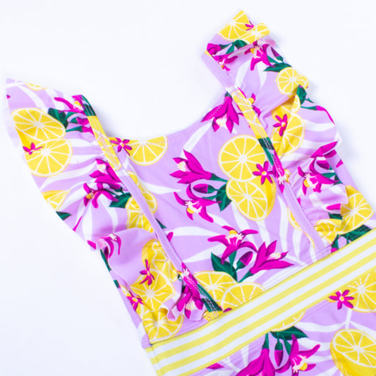 Tropical Lemons One Piece Ruffle Sleeve Swimsuit