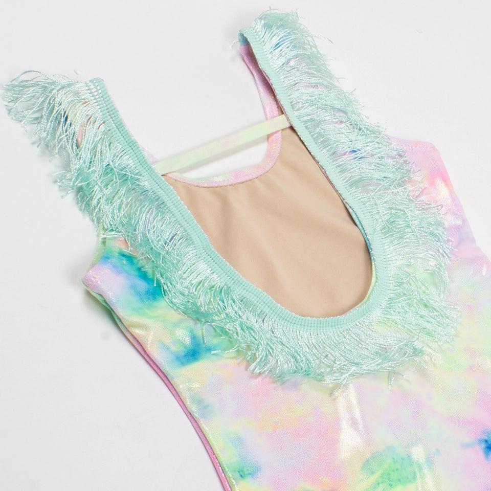 Neon Tie Dye One Piece Fringe Back Swimsuit