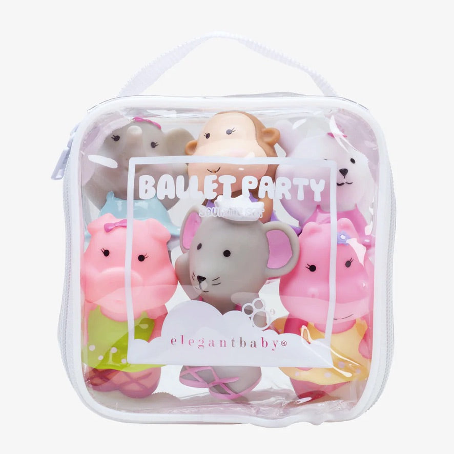 Ballet Party set of six animal squirtie bath toys in a clear carrying case on white background