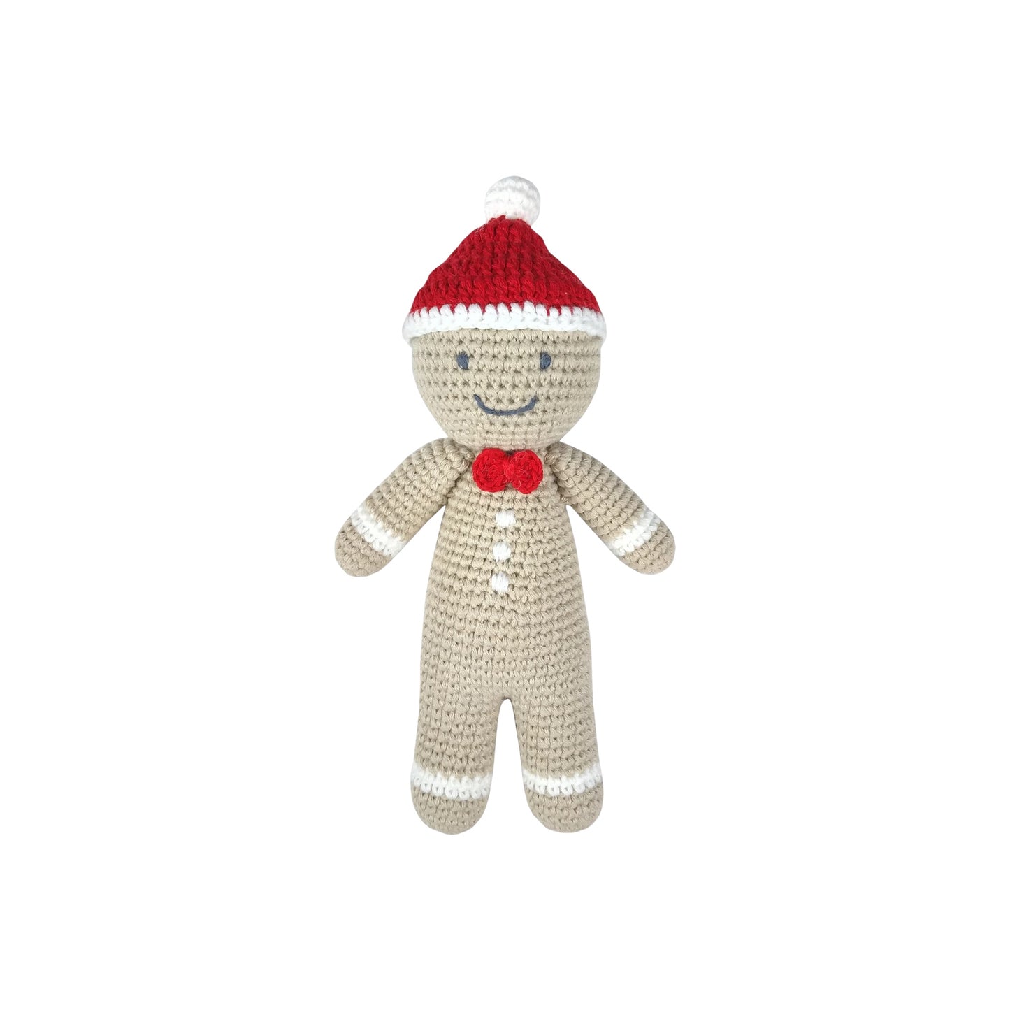 Hand crocheted gingerbread man baby rattle toy