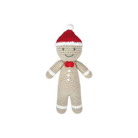 Hand crocheted gingerbread man baby rattle toy