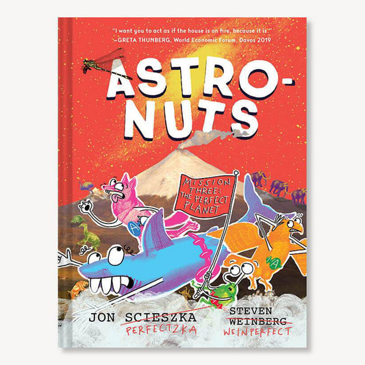 Cover of the book 'Astro-Nuts Mission Three' featuring colorful cartoon illustrations of an animated wolf, shark, and bird on a red background with a title text 'ASTRO-NUTS' and a subtitle 'Mission Three'.