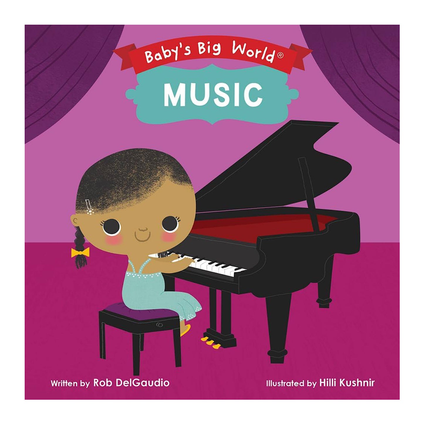 Cover of the board book 'Baby's Big World Music' featuring an illustration of a young child sitting at a piano, with a purple background and the title of the book written at the top.