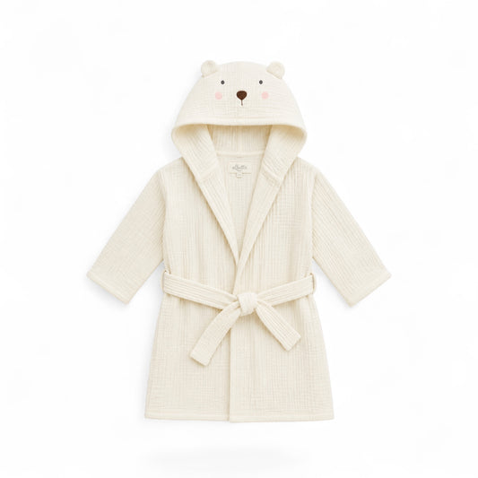 Bear Organic Cotton Muslin Robe with embroidered hood and bear ears