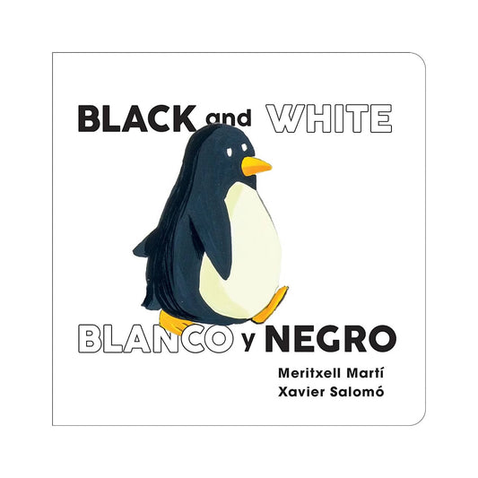 Cover of a bilingual Spanish/English board book titled 'Black and White', featuring an illustration of a penguin with a black and white color scheme.