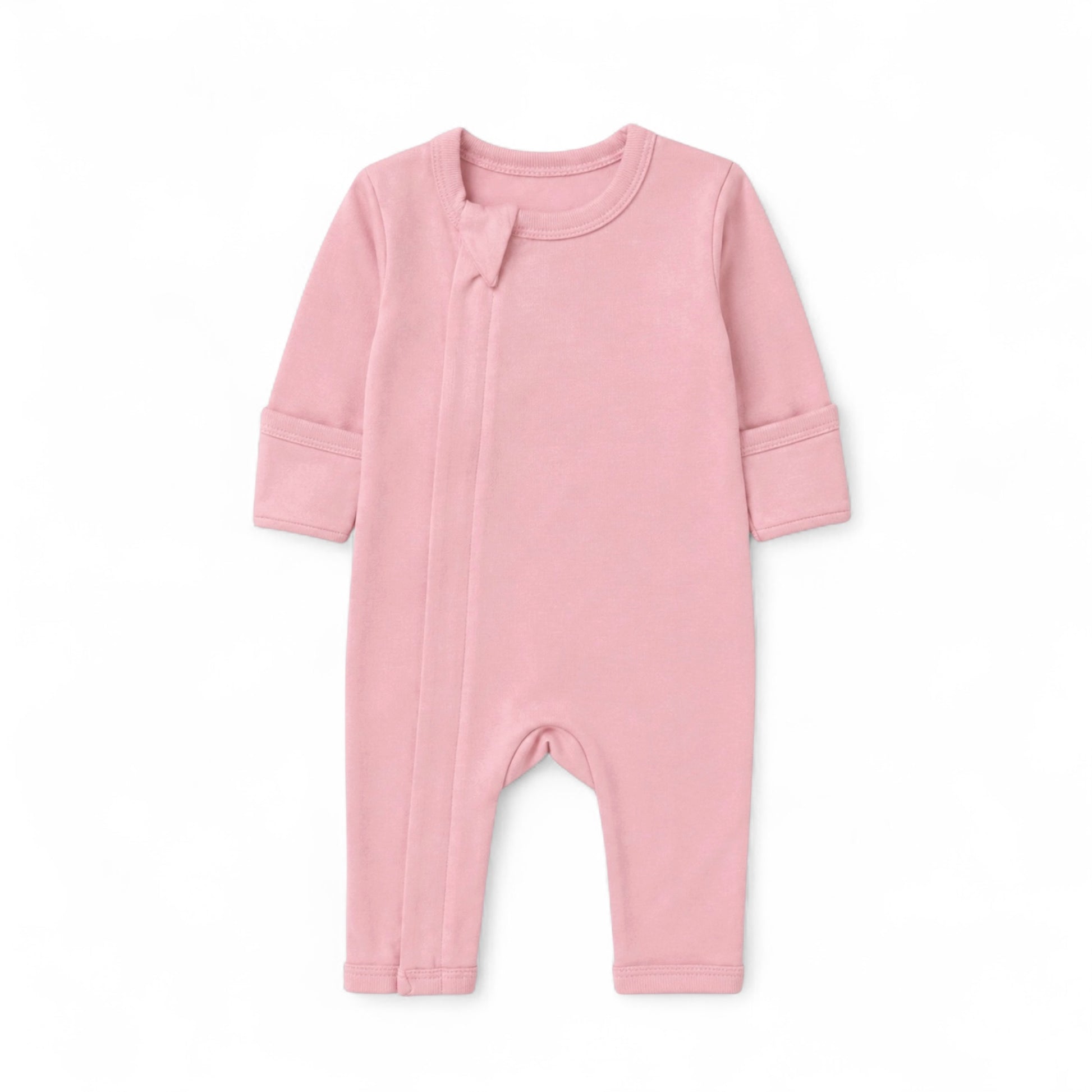 Blush pink long sleeve baby romper with front opening and soft ribbed trim.