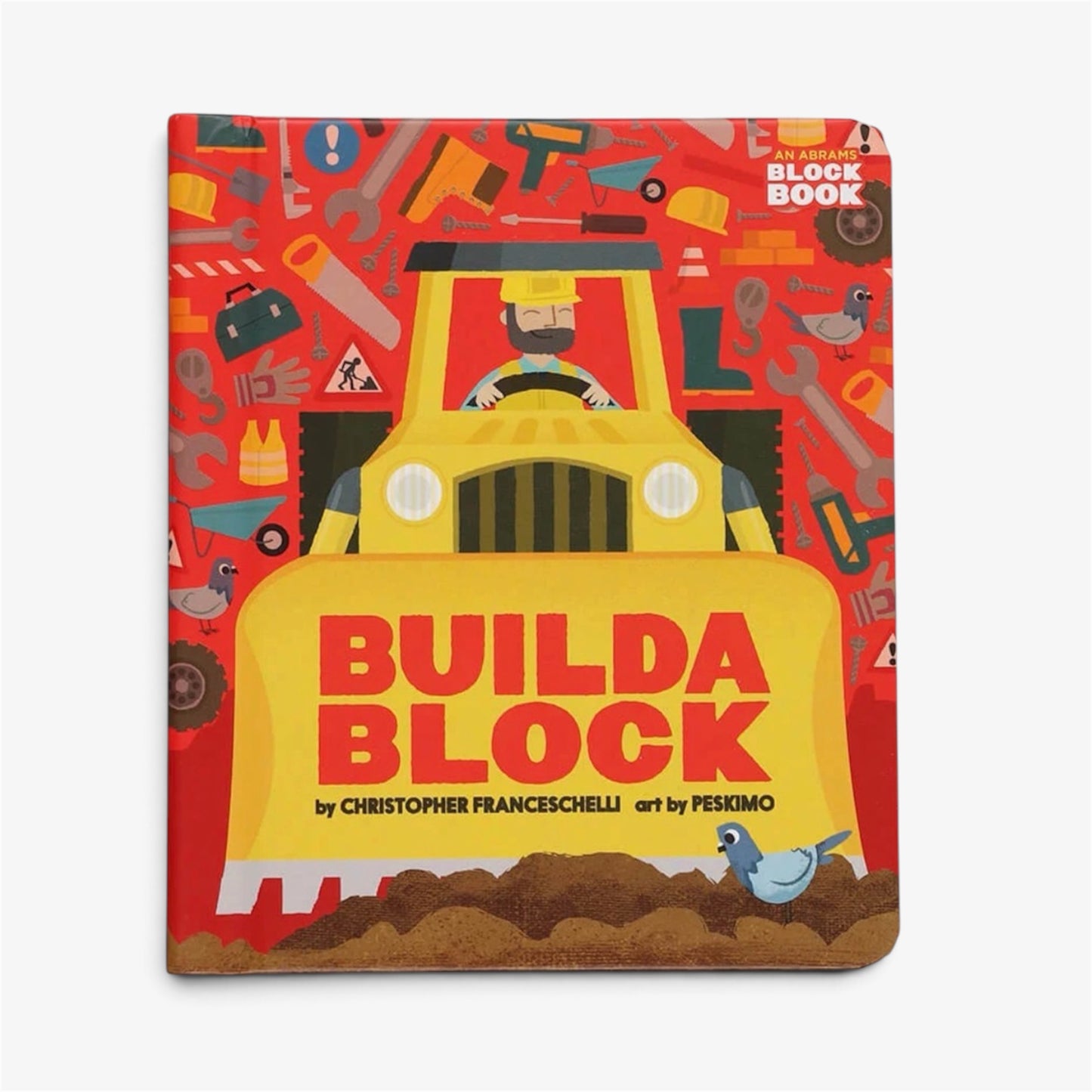 Front cover of the Buildablock construction machine book with a yellow construction machine on a red illustrated background on white background