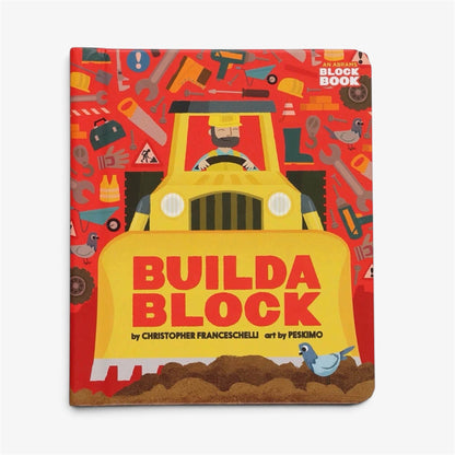 Front cover of the Buildablock construction machine book with a yellow construction machine on a red illustrated background on white background