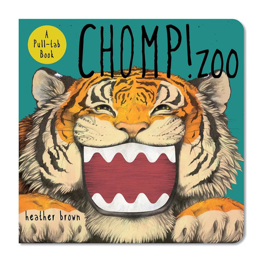 Cover of Chomp! Zoo interactive pull-tab board book by Heather Brown, featuring an illustrated tiger with a movable mouth