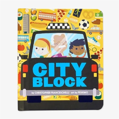 A children's board book titled 'City Block' by Christopher Franceschelli, featuring a colorful illustrated cover with a black taxi cab and three cartoon children on a bright yellow background.