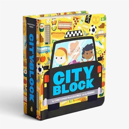 A children's hardcover book titled 'City Block' by Christopher Franceschelli and Feidano, featuring a colorful illustrated cover with a black taxi and various city icons on a yellow background.
