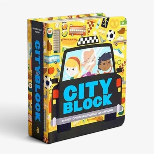 A children's hardcover book titled 'City Block' by Christopher Franceschelli and Feidano, featuring a colorful illustrated cover with a black taxi and various city icons on a yellow background.