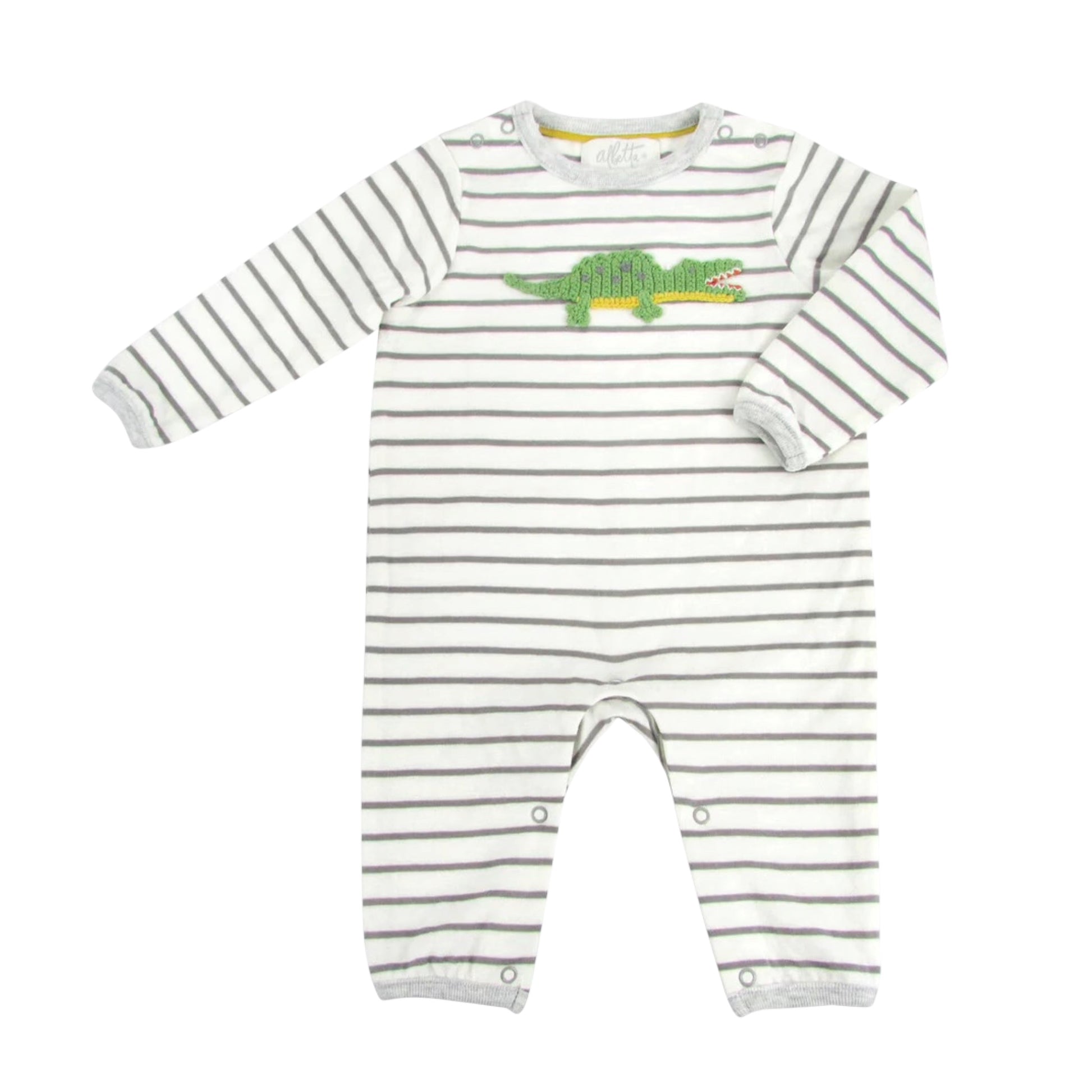 Cleo the Crocodile organic cotton striped baby romper with crocheted crocodile appliqué
