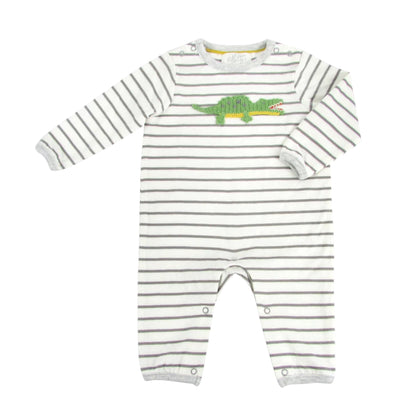 Cleo the Crocodile organic cotton striped baby romper with crocheted crocodile appliqué