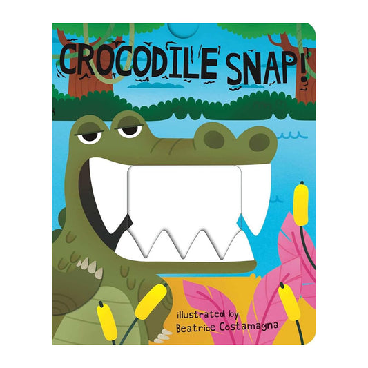 Cover of a children's board book titled 'Crocodile Snap!' featuring an illustration of a crocodile with a big smile and yellow teeth, surrounded by a colorful tropical background.