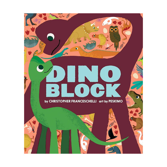 Cover of the 'Dinoblock' book showing colorful illustrations of dinosaurs and a green cartoon character interacting with a purple dinosaur.