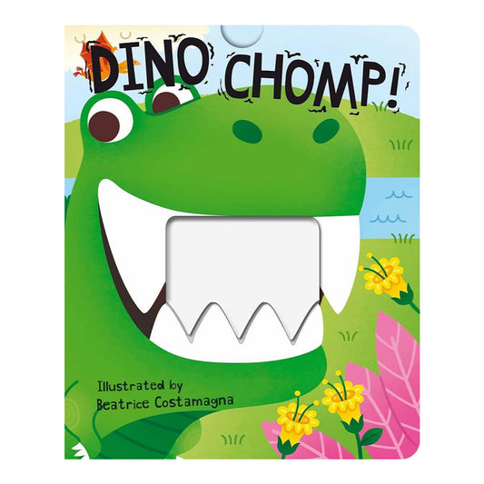 A board book titled 'Dino Chomp!' featuring a green cartoon dinosaur on the cover, with a caption that reads 'Interactive Board Book' and 'Pull tabs to make the dino chomp his teeth on trees.'.