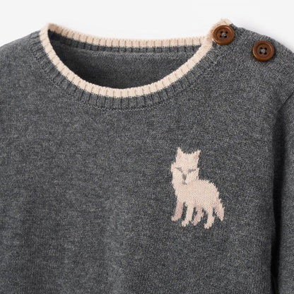 Gray sweater with a fox design and brown buttons on a white background