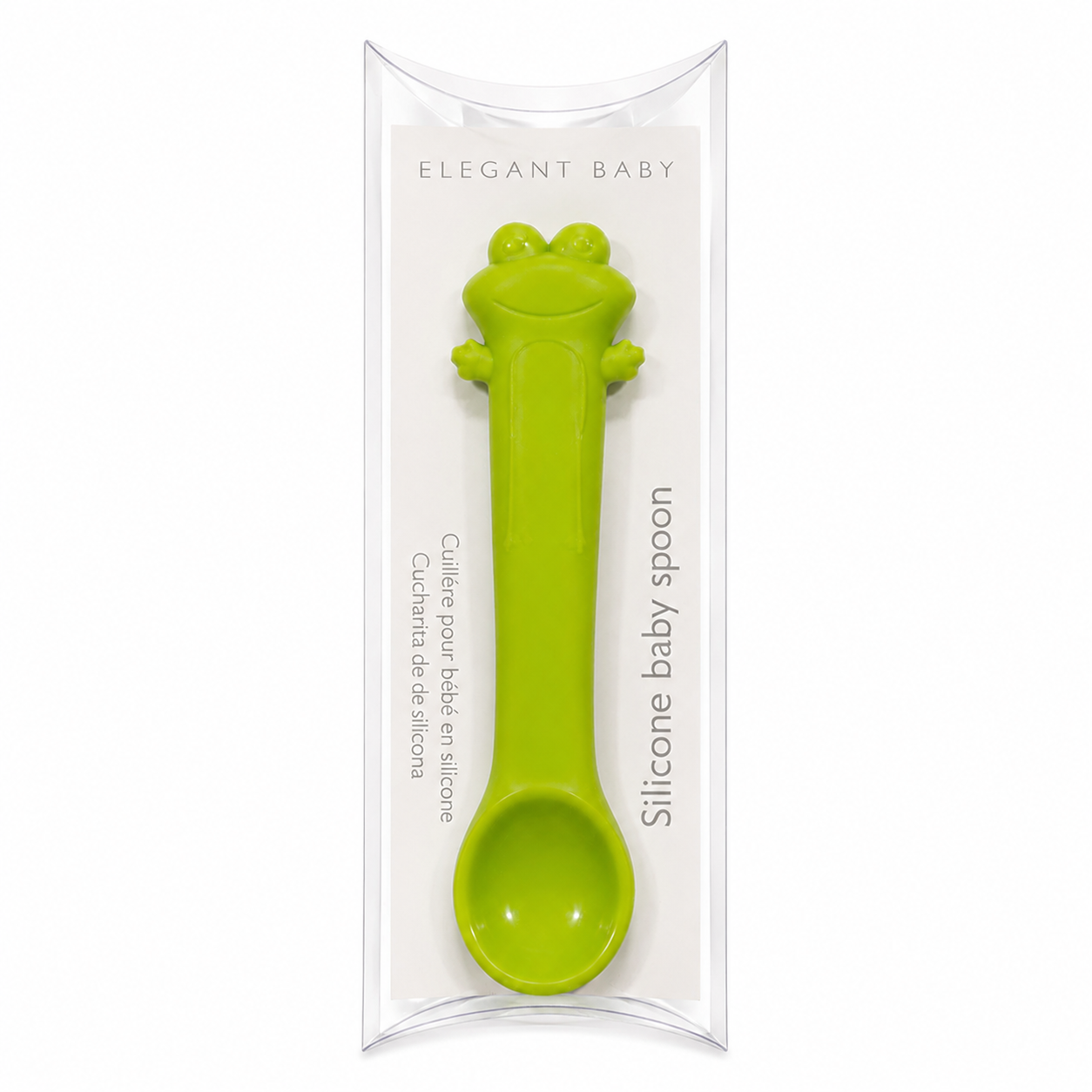 Elegant Baby green frog silicone baby spoon in clear gift packaging.
