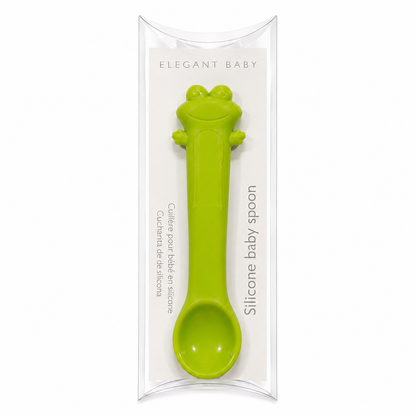 Elegant Baby green frog silicone baby spoon in clear gift packaging.