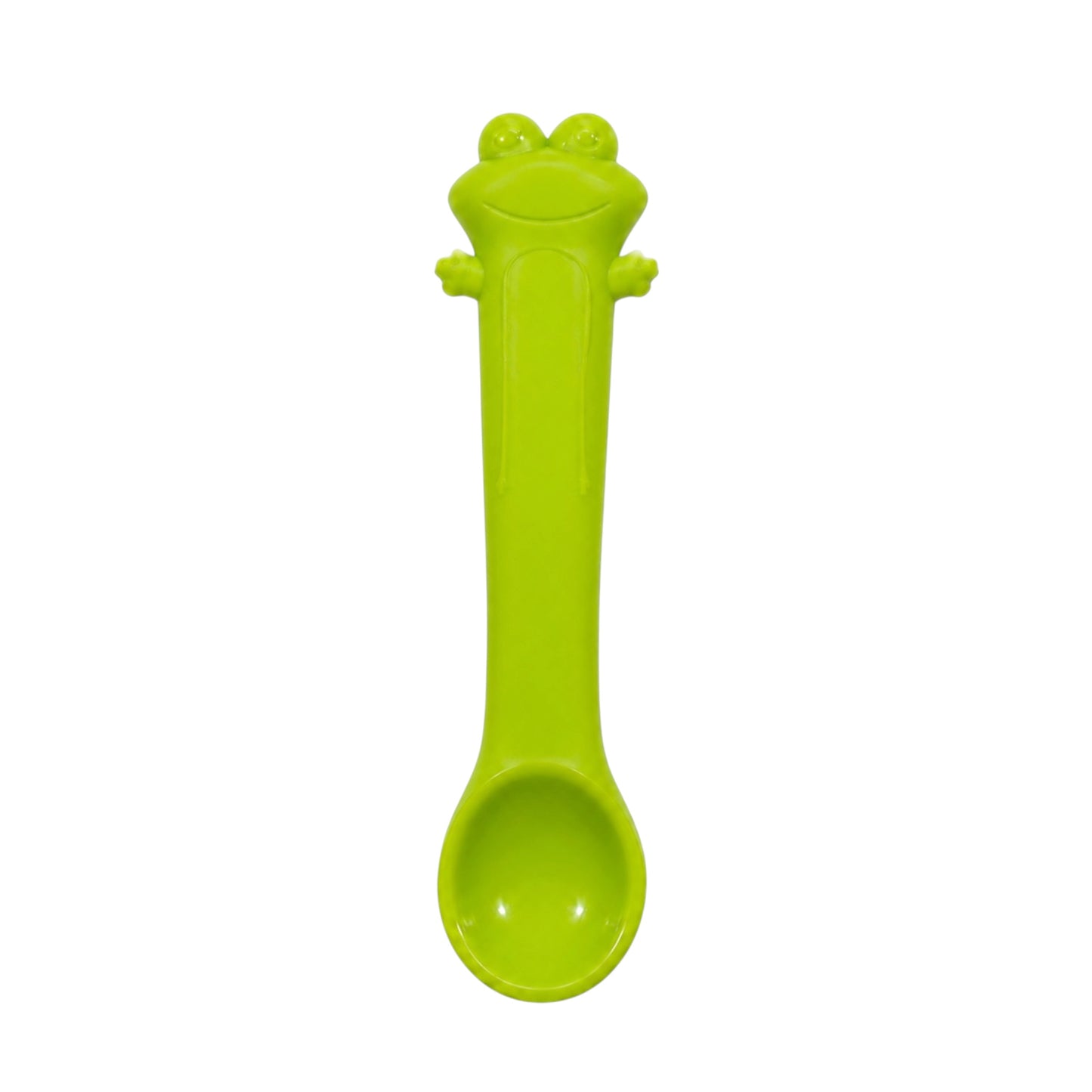 Green frog-shaped silicone baby spoon on white background.
