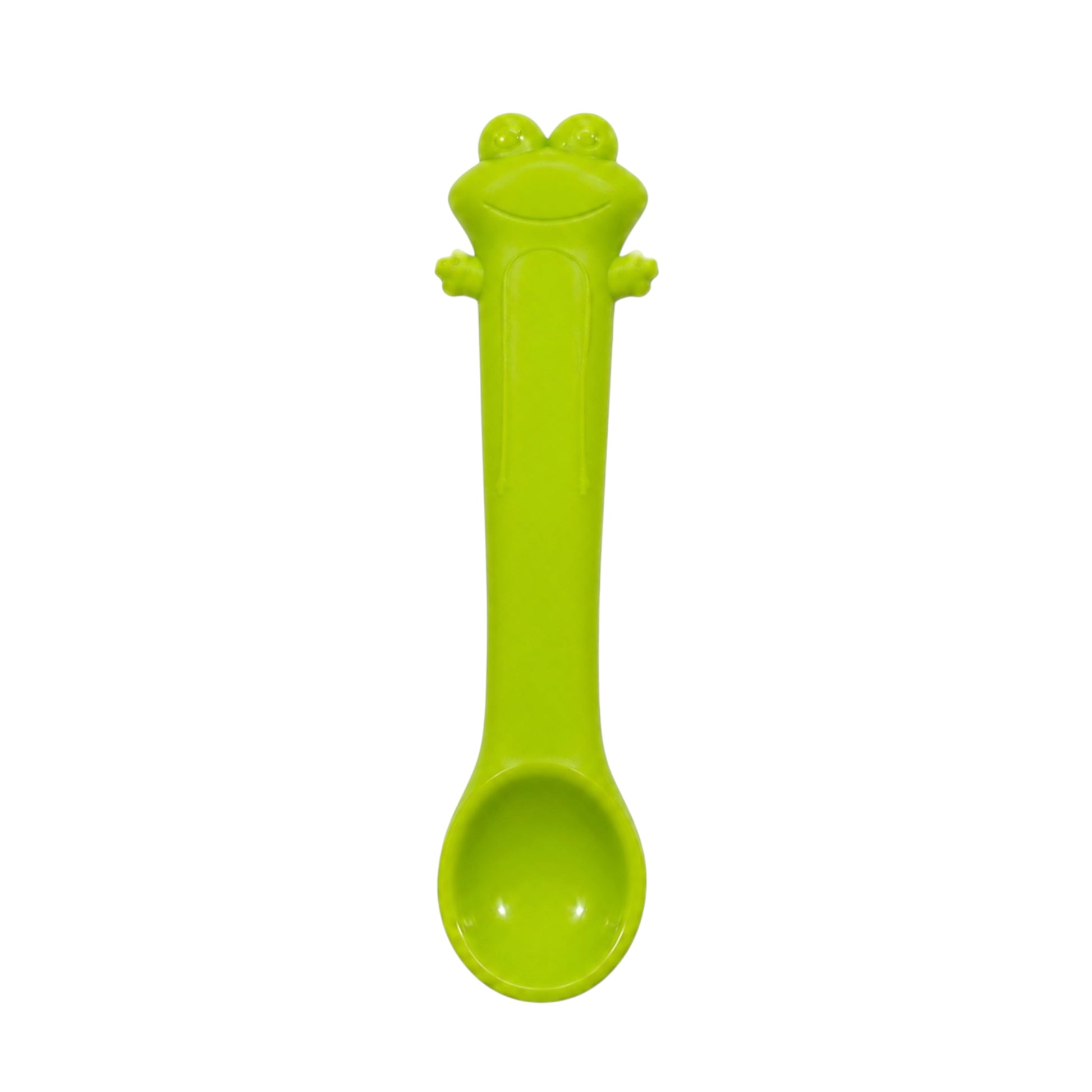 Green frog-shaped silicone baby spoon on white background.