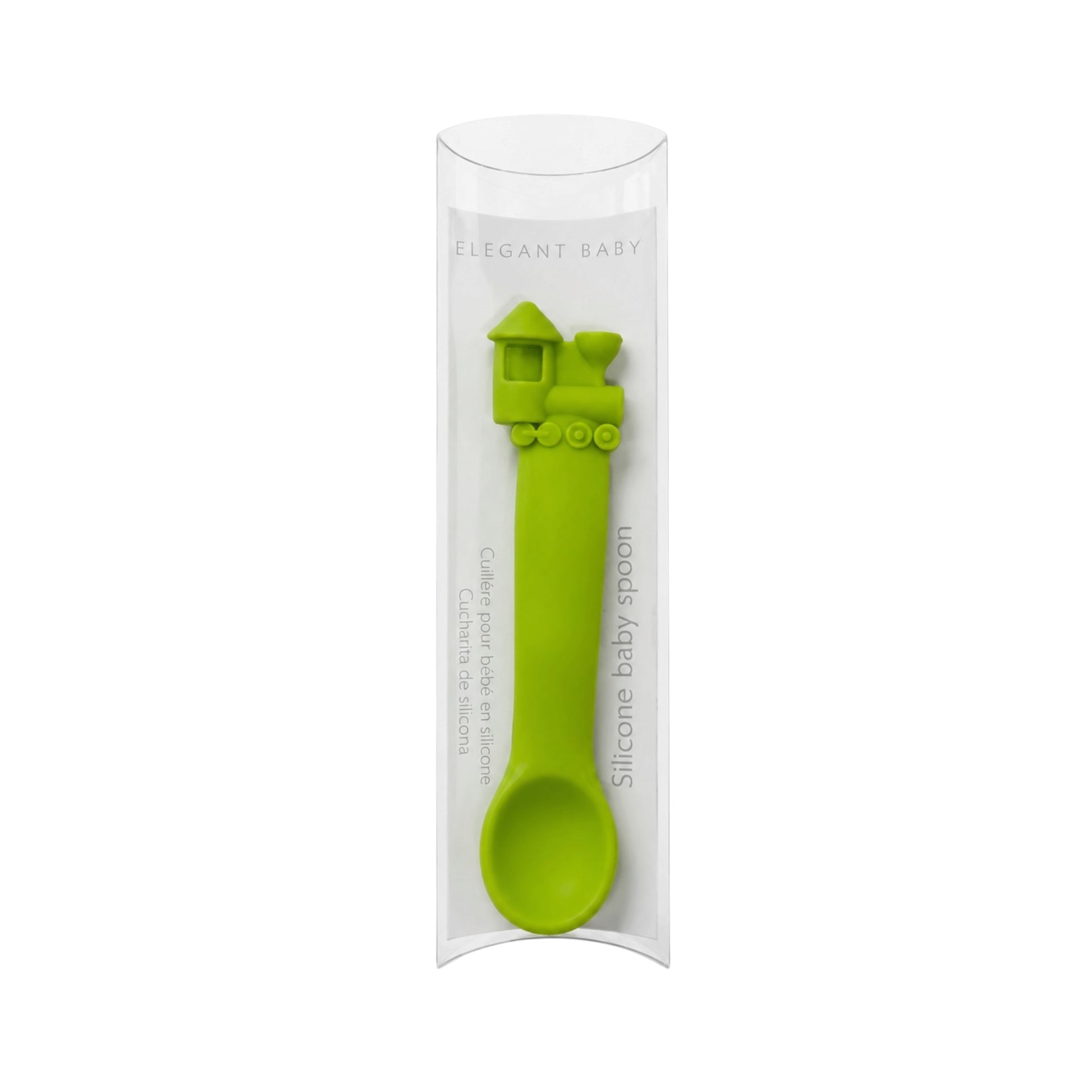 Elegant Baby lime green silicone baby spoon with train handle design in clear elegant packaging 