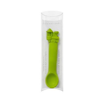 Elegant Baby lime green silicone baby spoon with train handle design in clear elegant packaging 