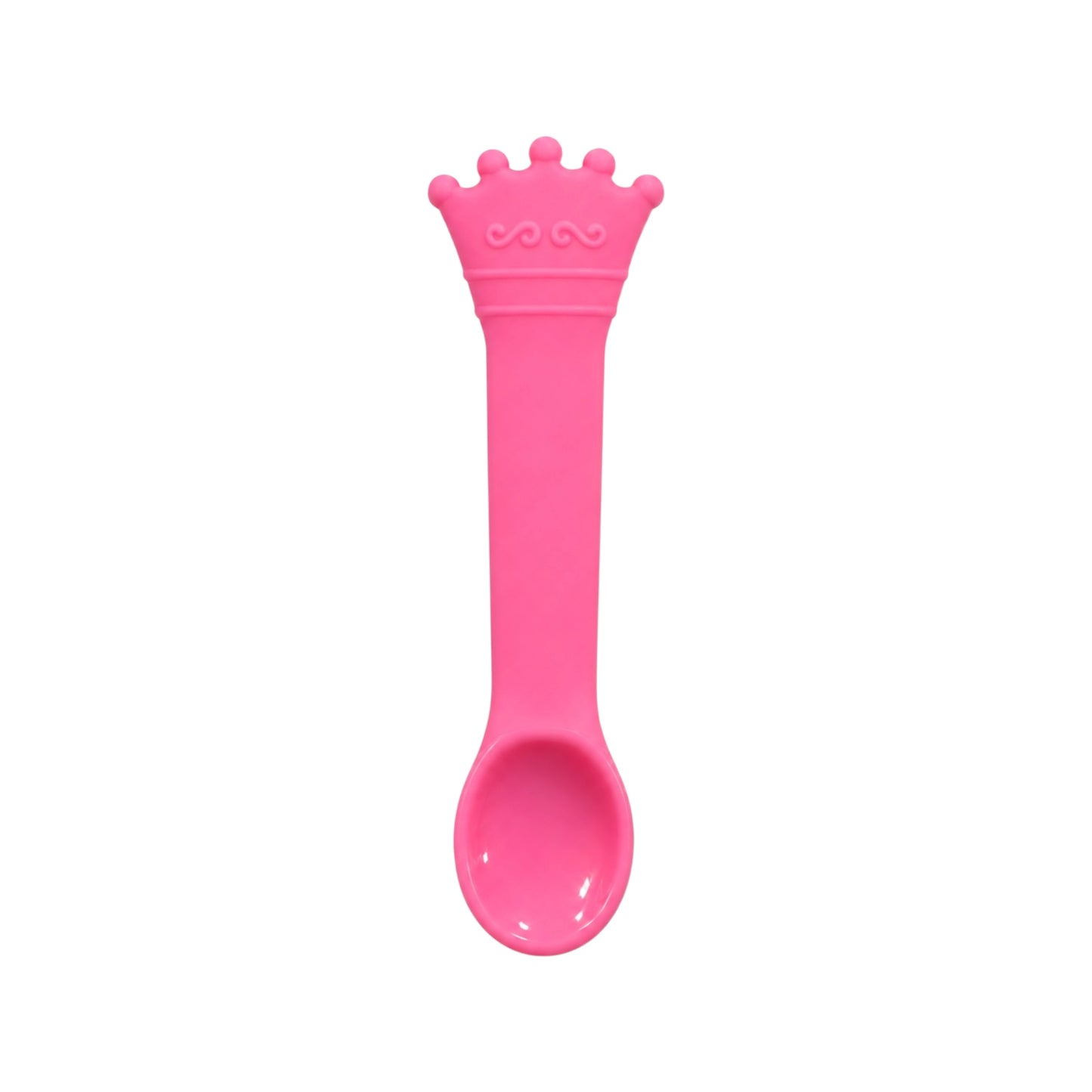 Pink crown-shaped silicone baby spoon on white background.