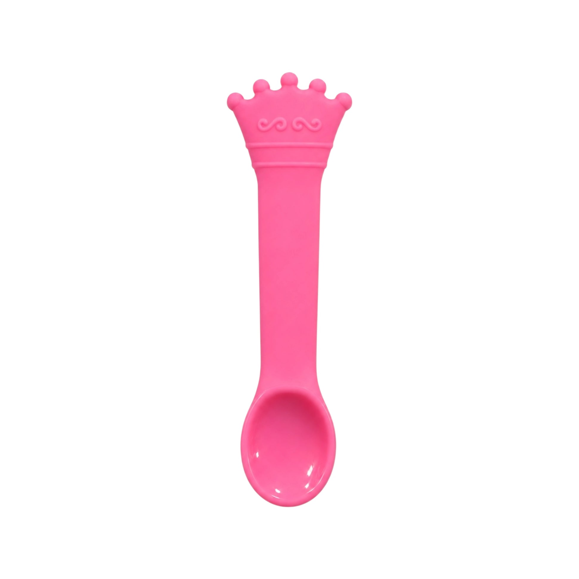 Pink crown-shaped silicone baby spoon on white background.