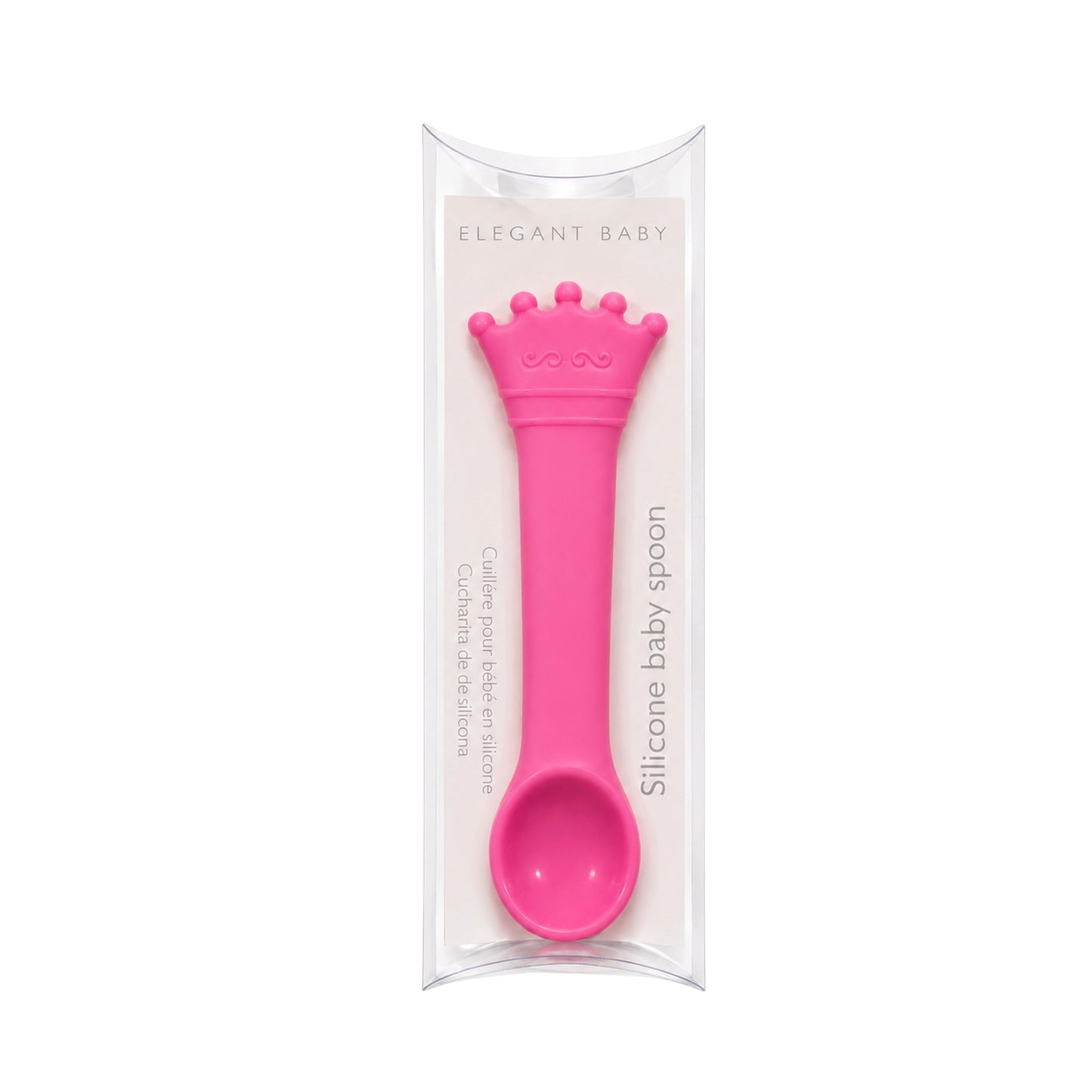 Elegant Baby crown silicone baby spoon in clear gift packaging.