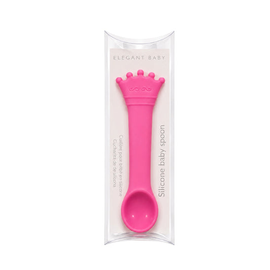 Elegant Baby crown silicone baby spoon in clear gift packaging.