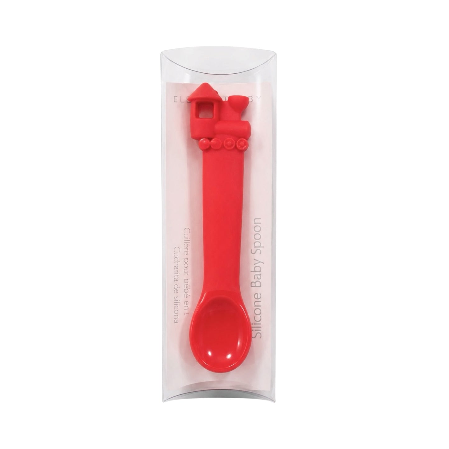 Elegant Baby red silicone baby spoon with train handle design in clear elegant packaging
