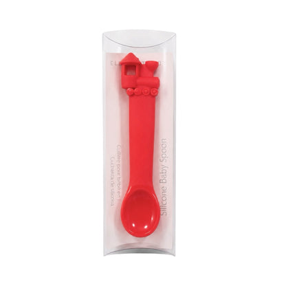 Elegant Baby red silicone baby spoon with train handle design in clear elegant packaging