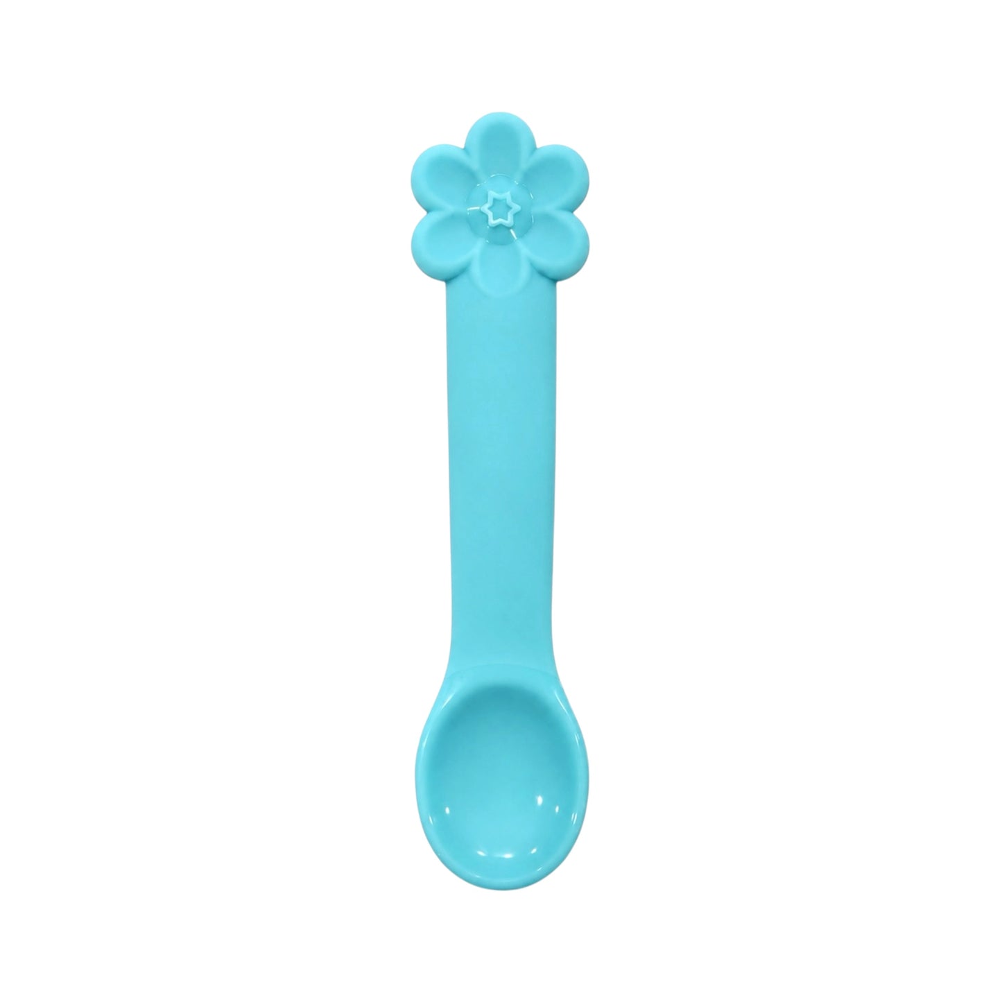Elegant Baby turquoise flower baby feeding spoon with star detail on white background